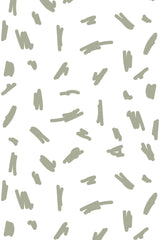 Abstract brush stroke pattern with irregular olive green brushstrokes scattered on a white background, peel and stick removable wallpaper.