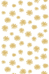 A repeating pattern of golden, abstract floral shapes scattered on a white background, peel and stick removable wallpaper.