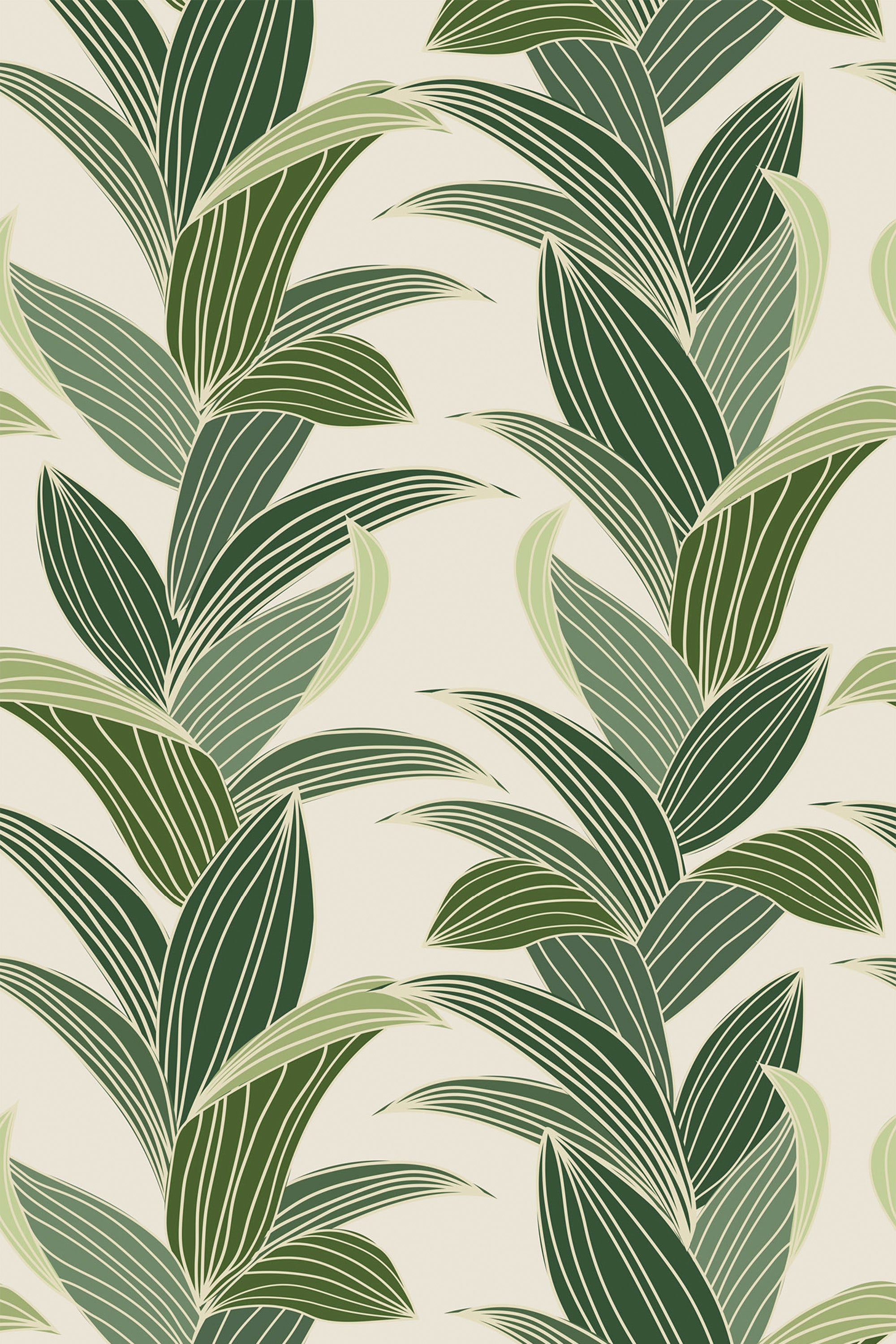 Tropical leaf pattern with overlapping, stylized green palm leaves in various shades, set against a beige background. Peel and stick removable wallpaper.