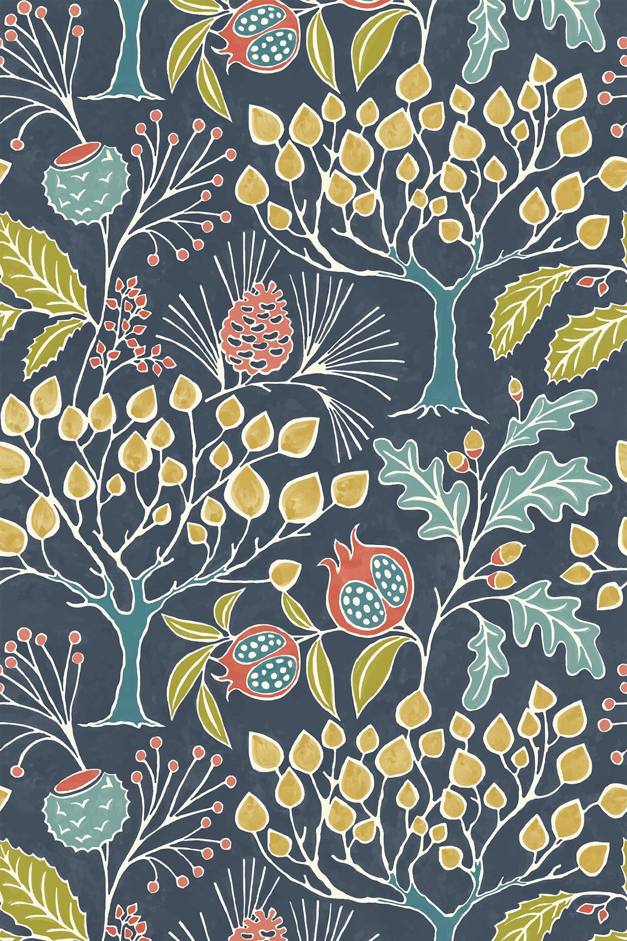 Colorful botanical pattern with yellow and orange blossoms, lush green leaves, and berries on a dark background. The design includes various abstract trees, pinecones, and pomegranates. Peel and stick removable wallpaper.
