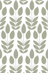 A modern Scandinavian design with stylized leaf and plant patterns in olive green set against a white background. Peel and stick removable wallpaper.