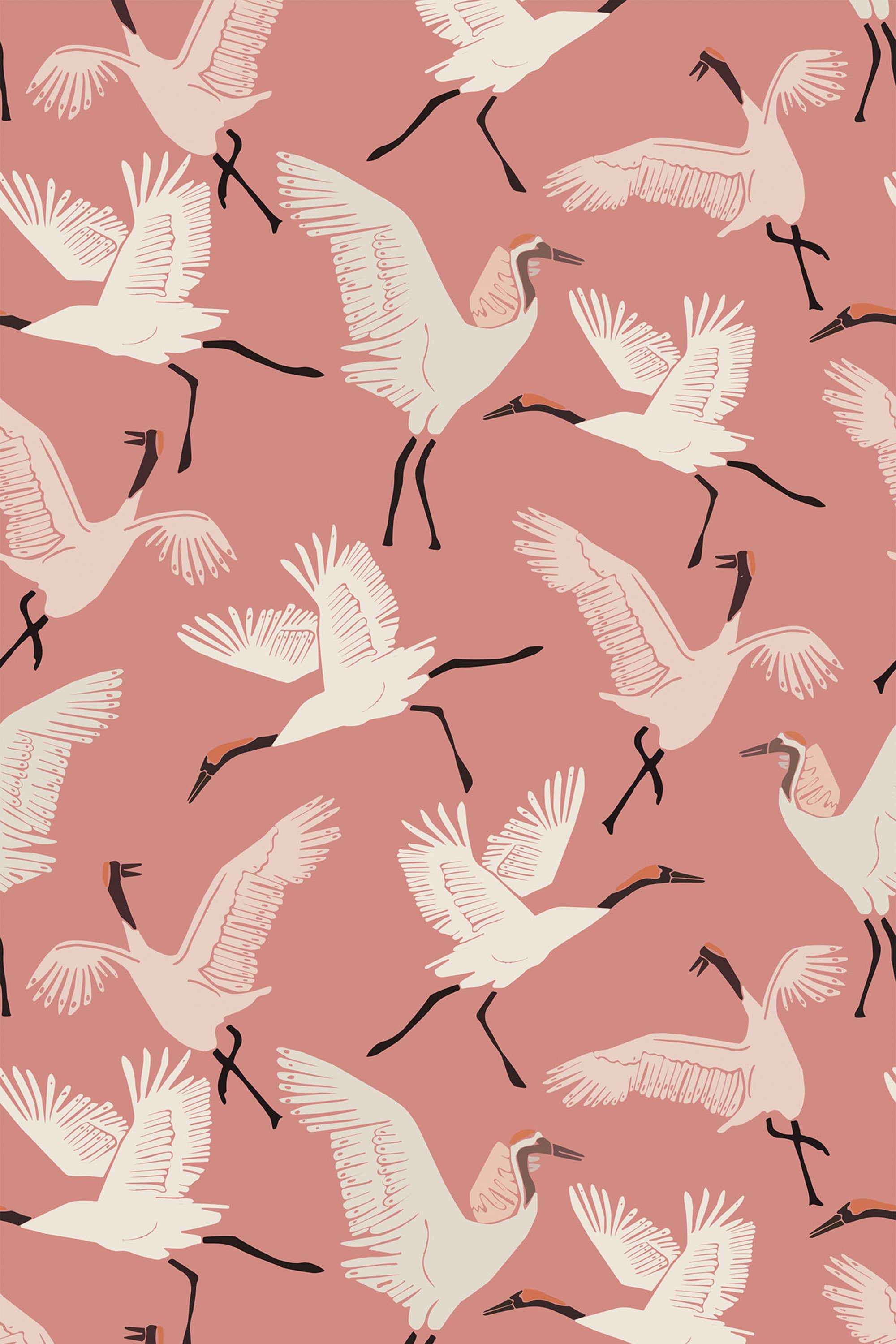 An elegant wallpaper design with white cranes in various flying poses on a muted pink background, accentuated by their outstretched wings and elongated necks. Peel and stick removable wallpaper.