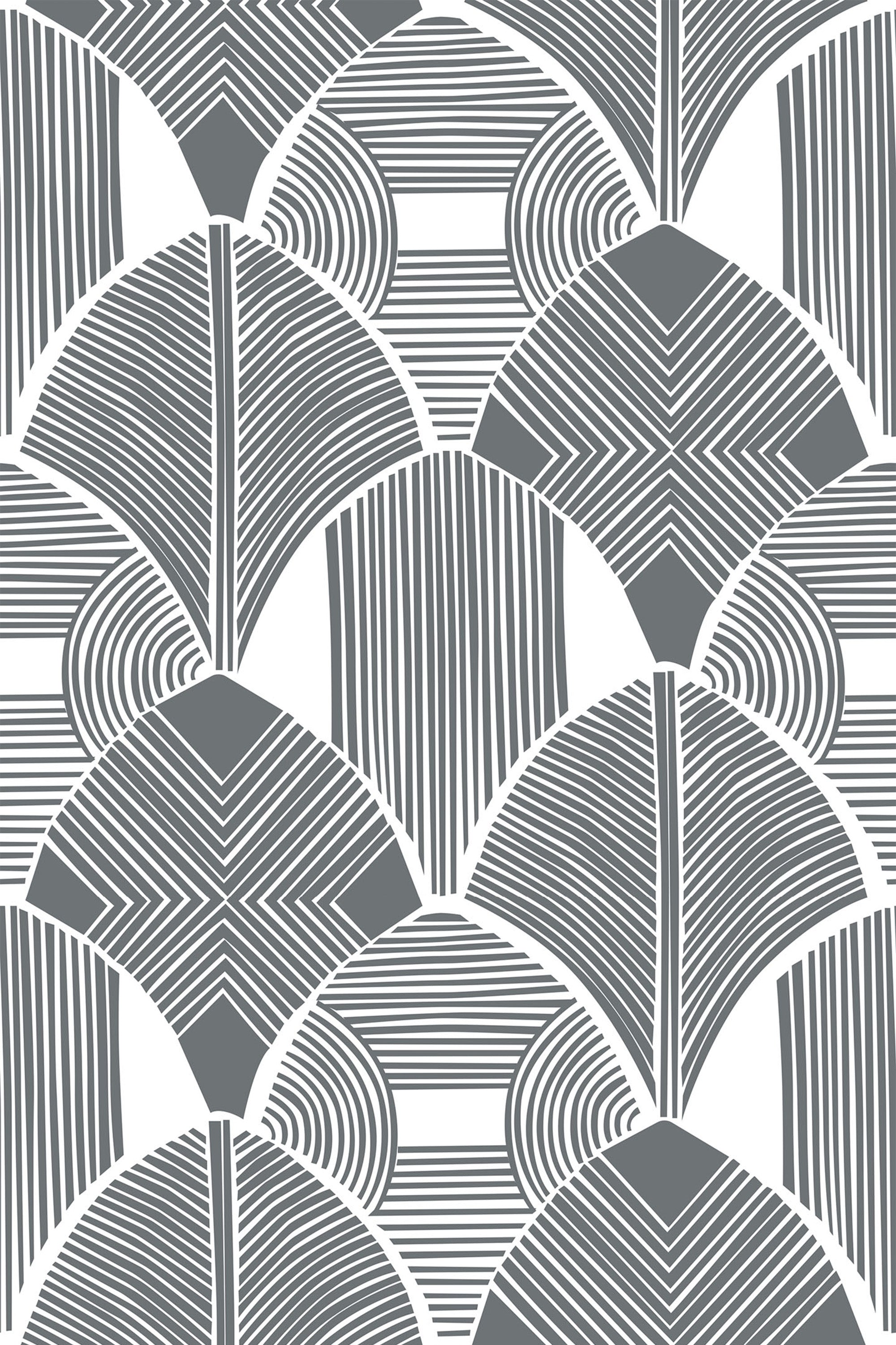 Geometric design with intricate curved and straight lines in a repeating fan-shaped pattern inspired by Art Deco. The grey and white color palette adds an antique feel to this peel and stick removable wallpaper.