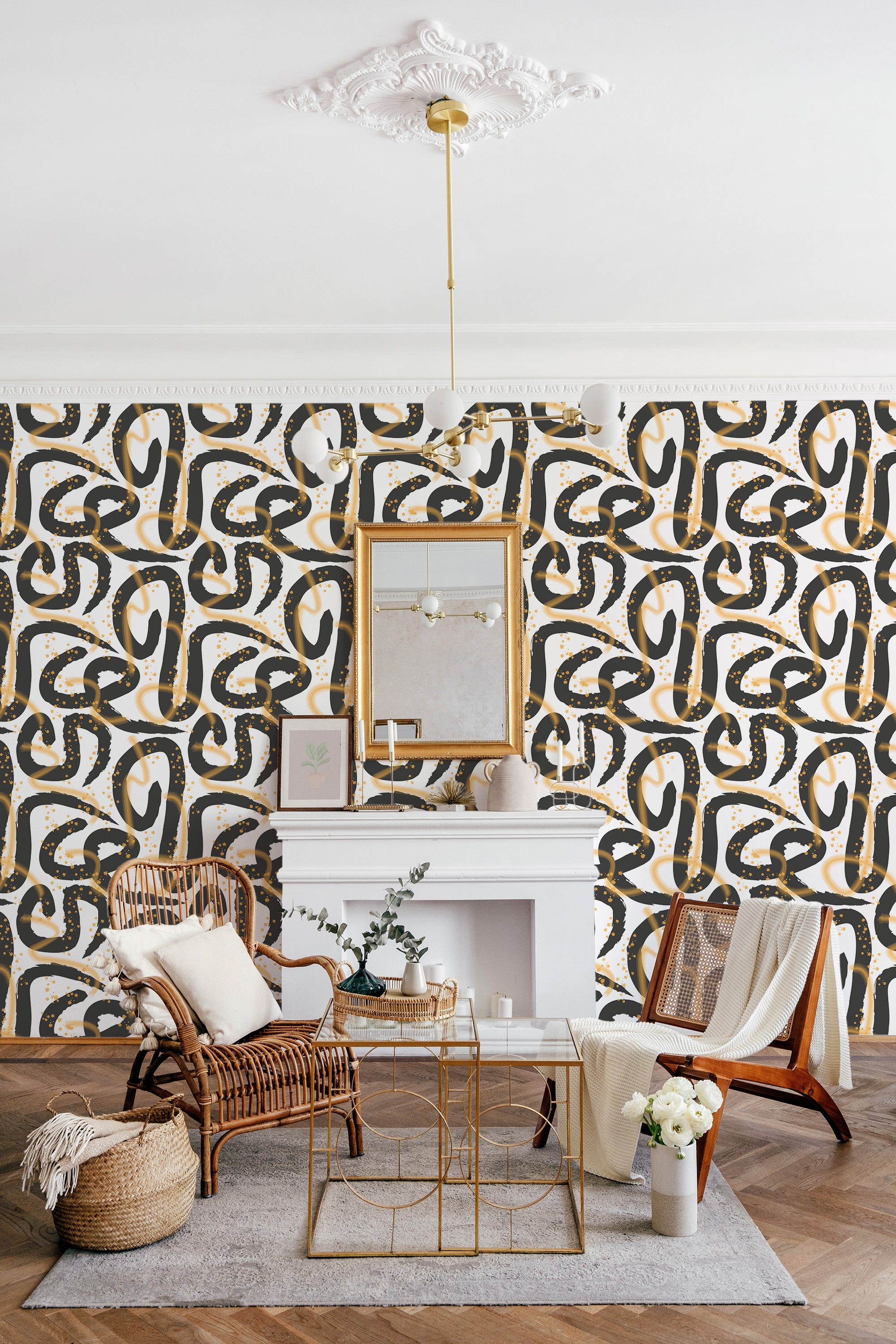 Abstract wallpaper with flowing black, beige, and white brushstrokes creating an intricate pattern, complemented by the neutral tones of the furniture in the room, traditional wallpaper.