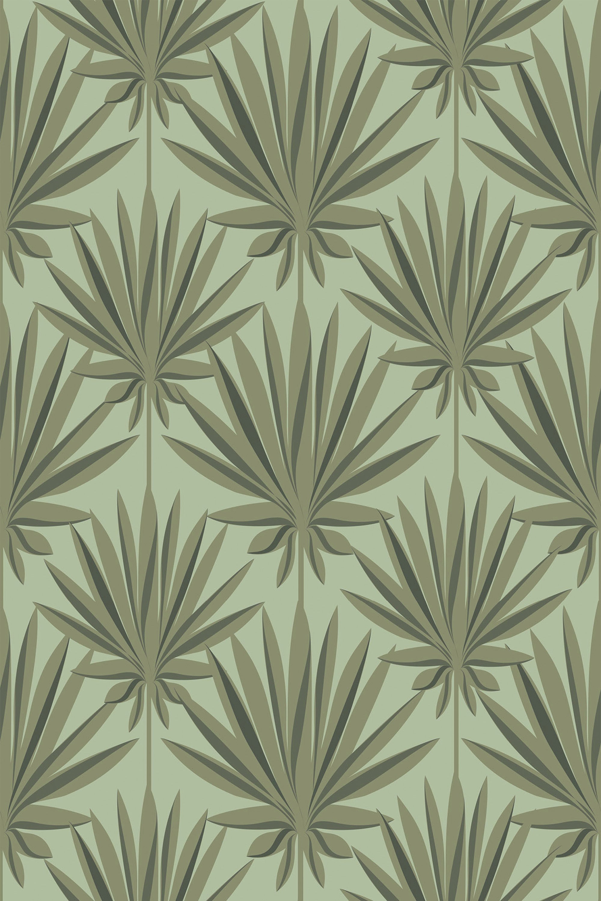 Green palm leaf pattern on a light green background with evenly spaced, symmetrical designs. Peel and stick removable wallpaper.