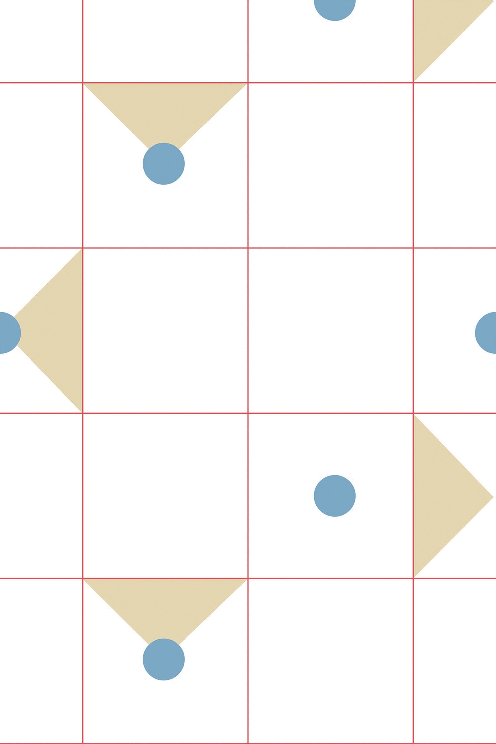 A modern wallpaper design with a minimal geometric pattern, featuring red grid lines overlaying a white background. Soft beige triangles and blue circles are arranged in a symmetric layout within the grid, creating a visually pleasing balance. Peel and stick removable wallpaper.