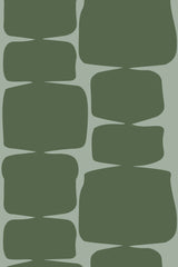 A retro-inspired pattern with dark green, abstract geometric shapes on a light green background, creating a mid-century modern vibe. Peel and stick removable wallpaper.