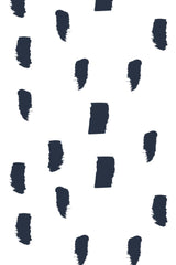 Abstract black brush strokes are scattered across a white background in a repeating pattern. Peel and stick removable wallpaper.