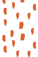 Abstract pattern of irregular, vertical brushstroke-like dots in a warm orange hue, scattered across a white background. Peel and stick removable wallpaper.