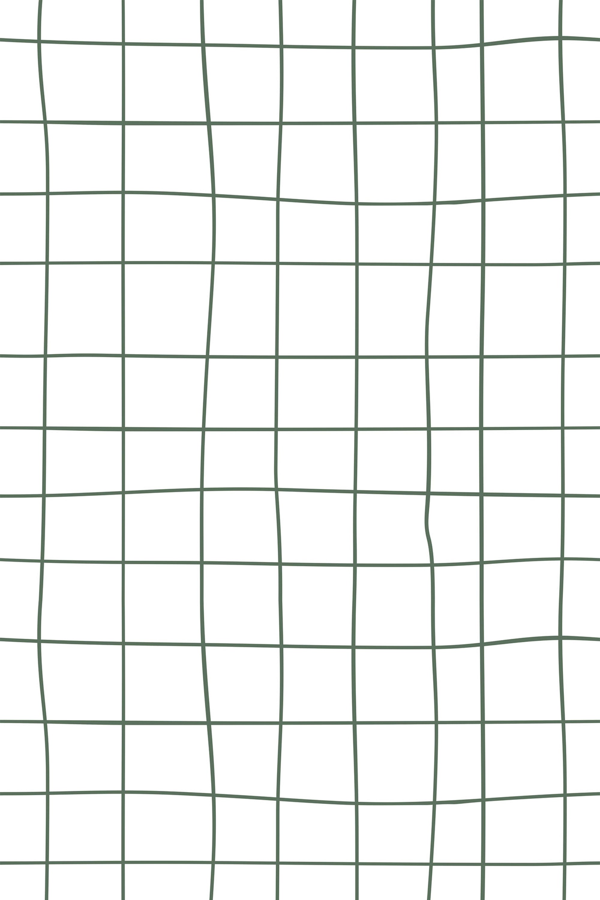 A simple grid design featuring thin, slightly wavy dark green lines on a white background. The lines create uneven rectangular shapes, giving the wallpaper a minimalist and modern look. Peel and stick removable wallpaper.