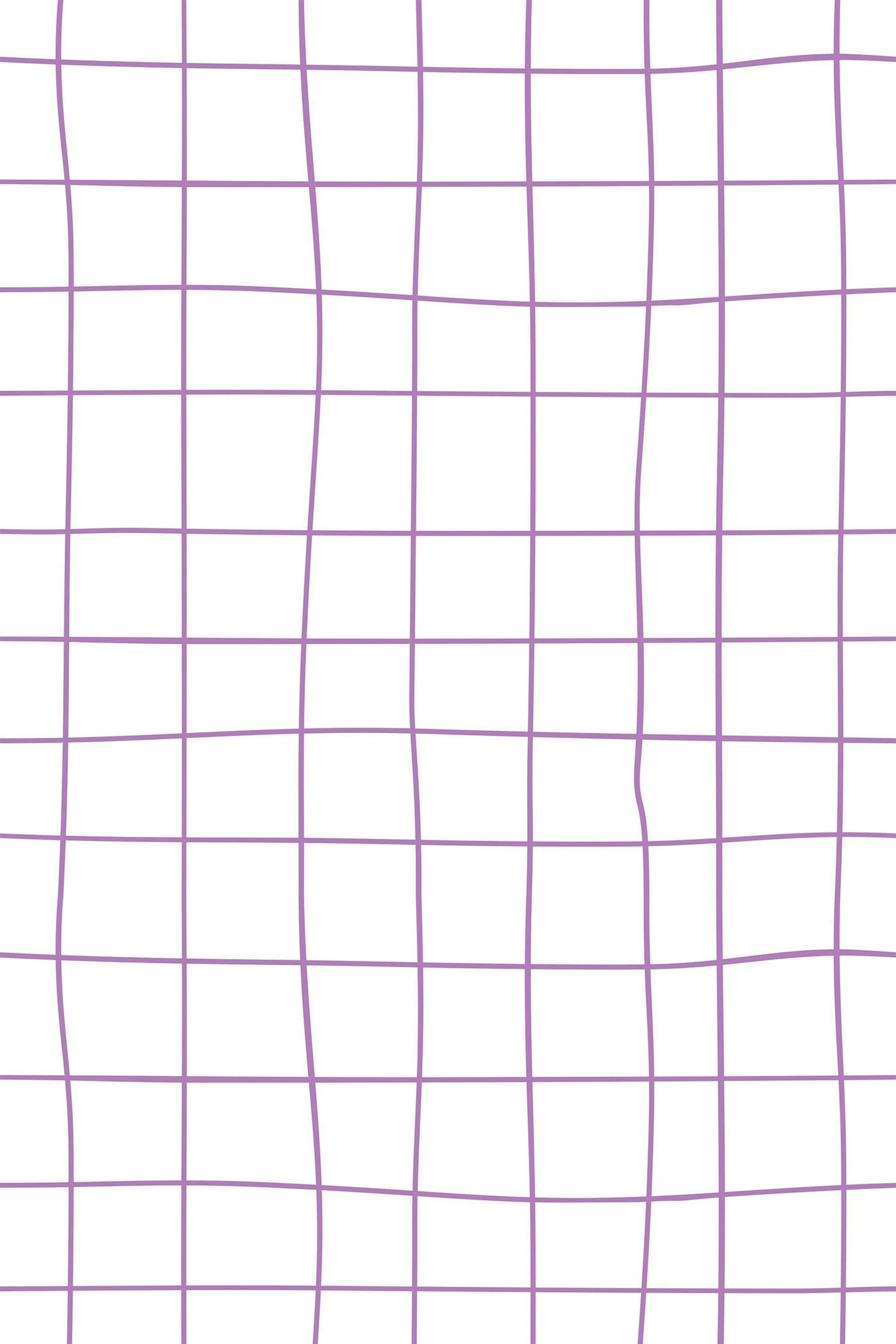 A wallpaper with a grid pattern formed by irregular, wavy purple lines against a white background. Peel and stick removable wallpaper.