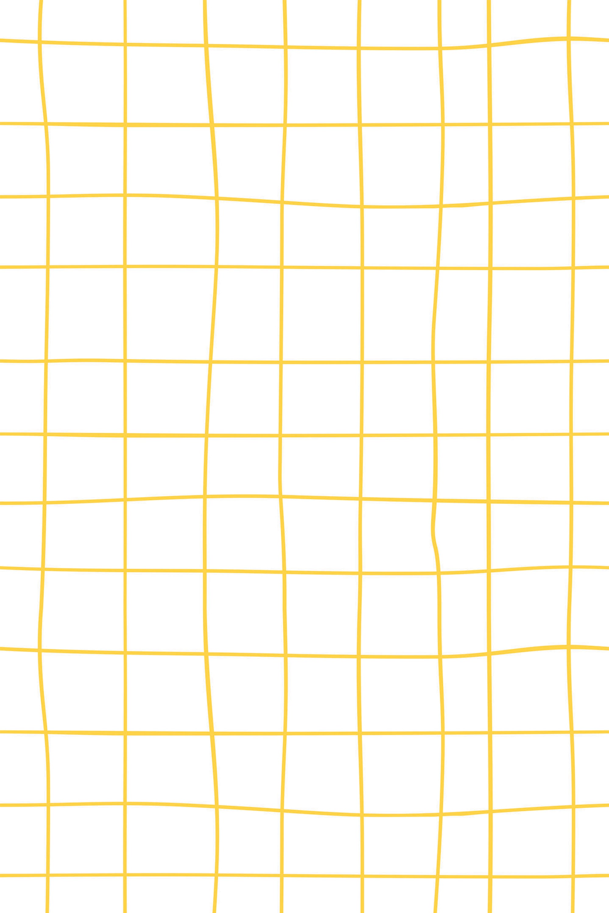 A minimalist wallpaper design with a hand-drawn grid pattern of irregular yellow lines on a white background, peel and stick removable wallpaper.