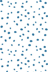 Blue small dots scattered randomly on a white background, creating a simple, playful pattern. Peel and stick removable wallpaper.