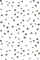 An abstract pattern of scattered green dots of varying sizes on a white background, reminiscent of a Dalmatian's coat. Peel and stick removable wallpaper.