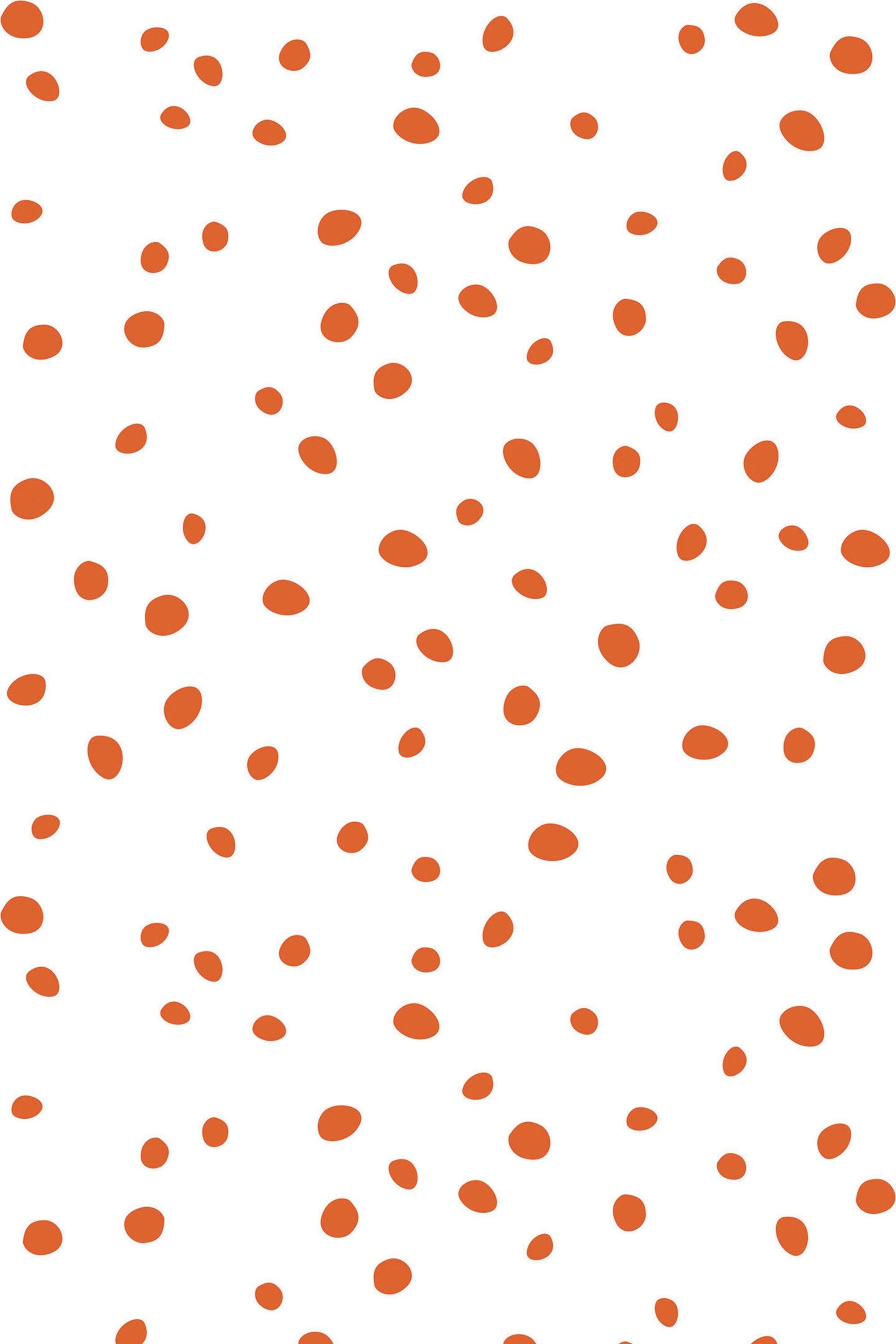 Randomly scattered small orange spots on a white background, creating a playful and modern aesthetic. Peel and stick removable wallpaper.
