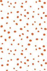 Randomly scattered small orange spots on a white background, creating a playful and modern aesthetic. Peel and stick removable wallpaper.