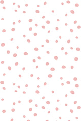 Dalmatian dots pattern with irregular, scattered pink dots on a white background, peel and stick removable wallpaper.