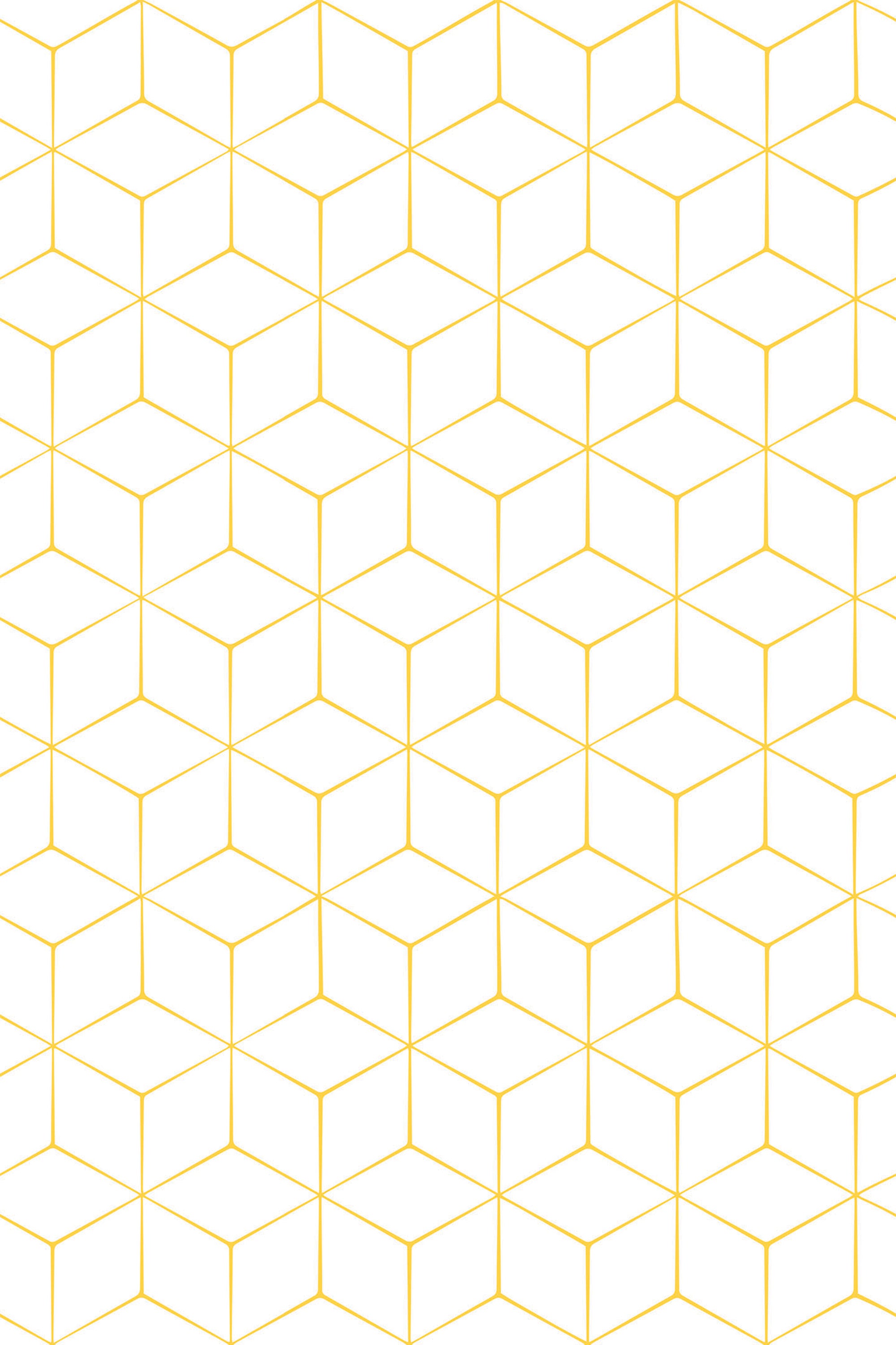 Hexagonal geometric pattern with interlocking gold lines on a white background, creating a 3D cube effect, peel and stick removable wallpaper.