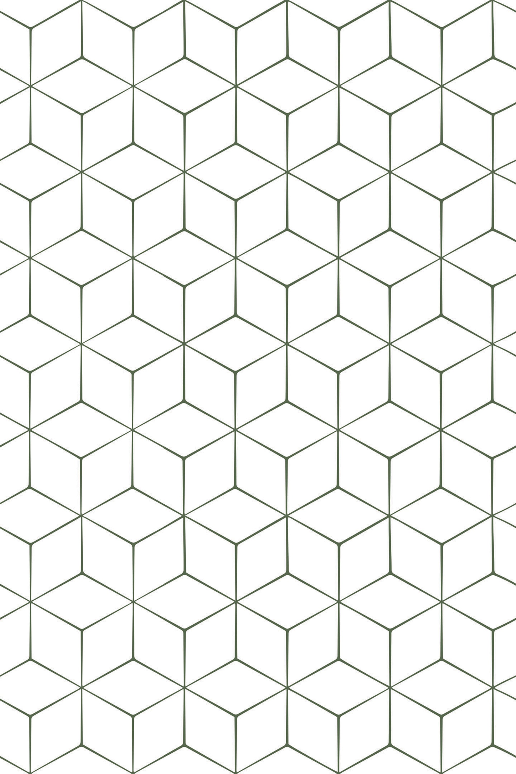 A seamless pattern of interlocking hexagons in a simple geometric design with thin, dark green lines on a white background. Ideal for modern and minimalist decor. Peel and stick removable wallpaper.