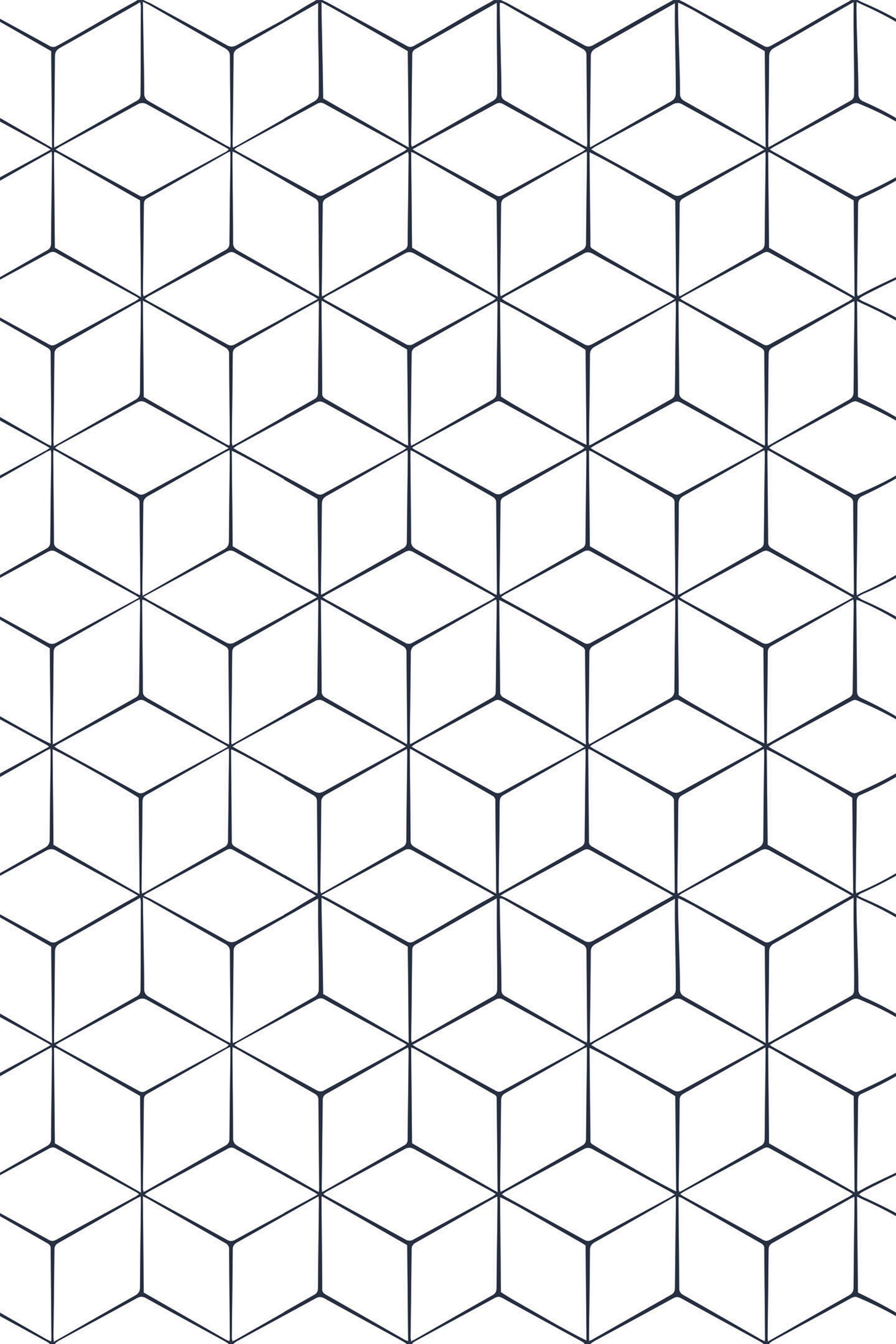 Black and white geometric pattern forming interconnected cube shapes with thin lines on a plain background. Peel and stick removable wallpaper.