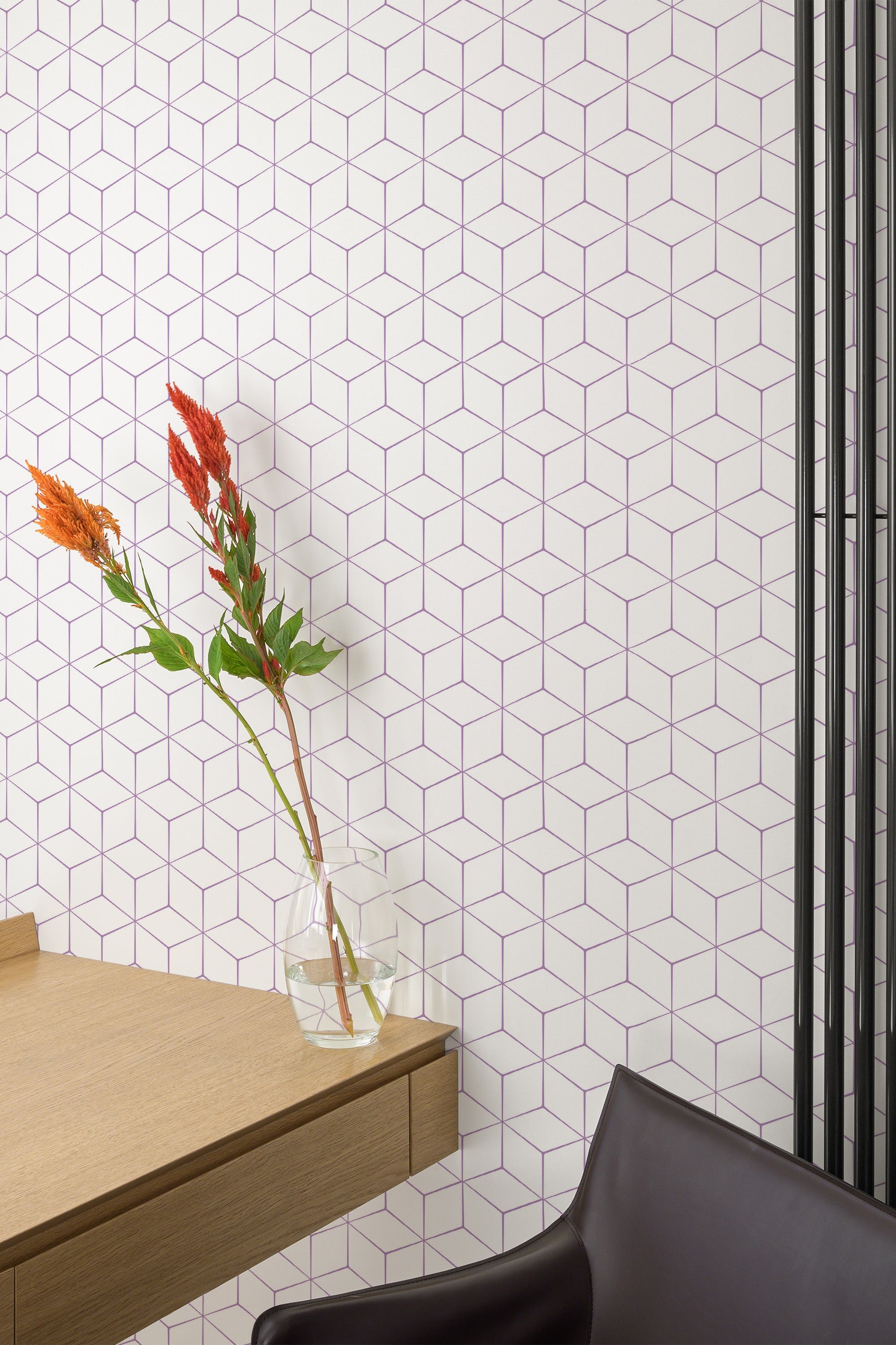 Self-adhesive wallpaper with a hexagonal pattern in a grid-like arrangement, featuring thin purple lines on a white background.