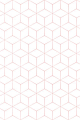 Geometric pattern with interconnected hexagons in soft pink lines on a white background. Peel and stick removable wallpaper.