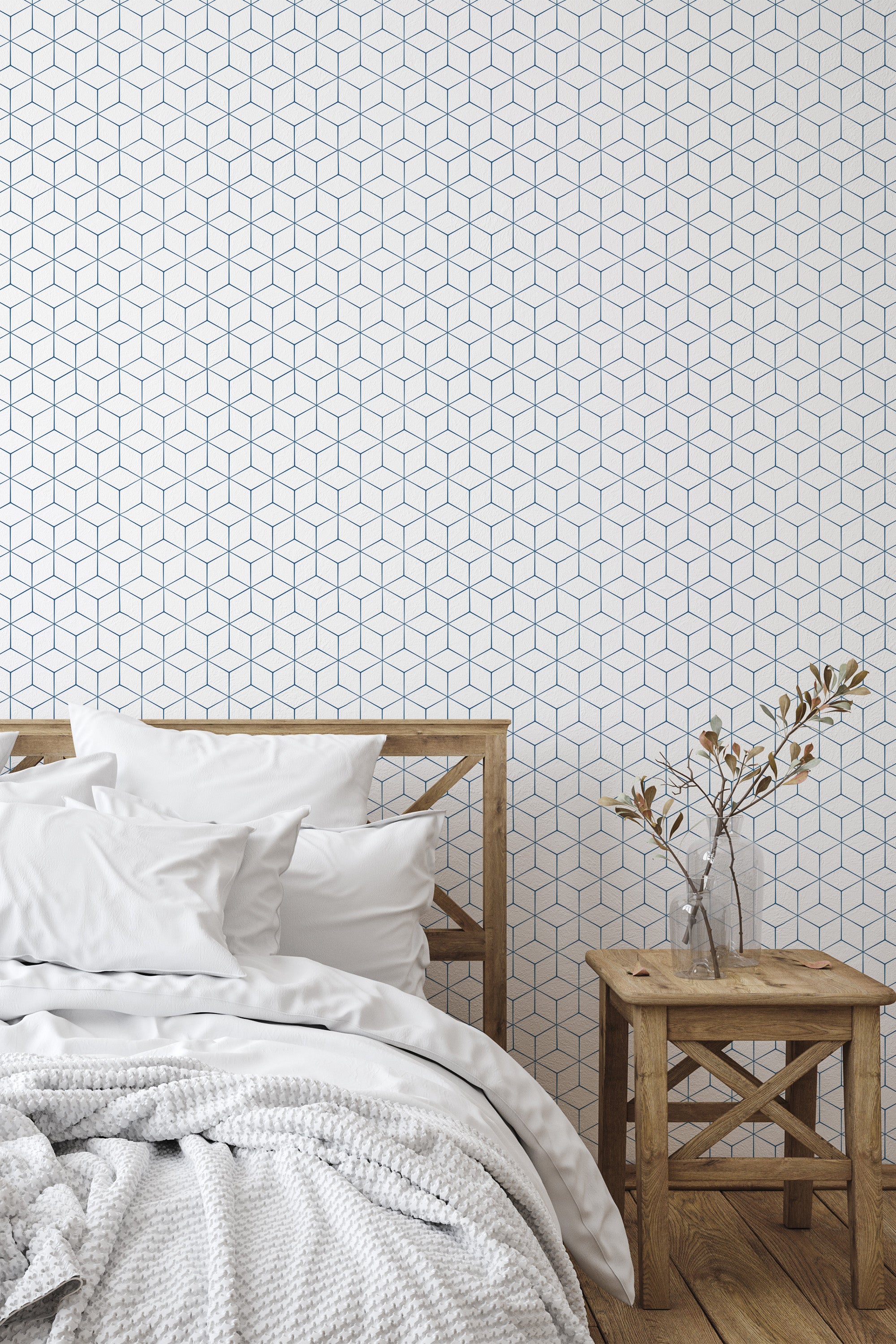 Self-adhesive minimal geometric tile wallpaper with a white background and a repeating pattern of simple blue lines forming interconnected hexagons, creating a clean and modern look.