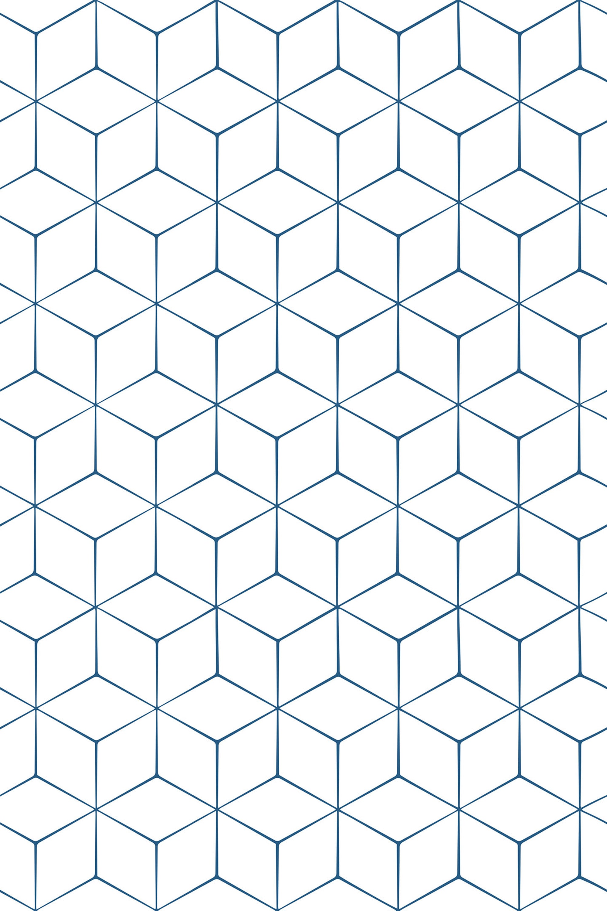 Geometric wallpaper with a repeating pattern of blue hexagons forming a 3D cube illusion on a white background, peel and stick removable wallpaper.