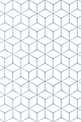 Geometric wallpaper with a repeating pattern of blue hexagons forming a 3D cube illusion on a white background, peel and stick removable wallpaper.