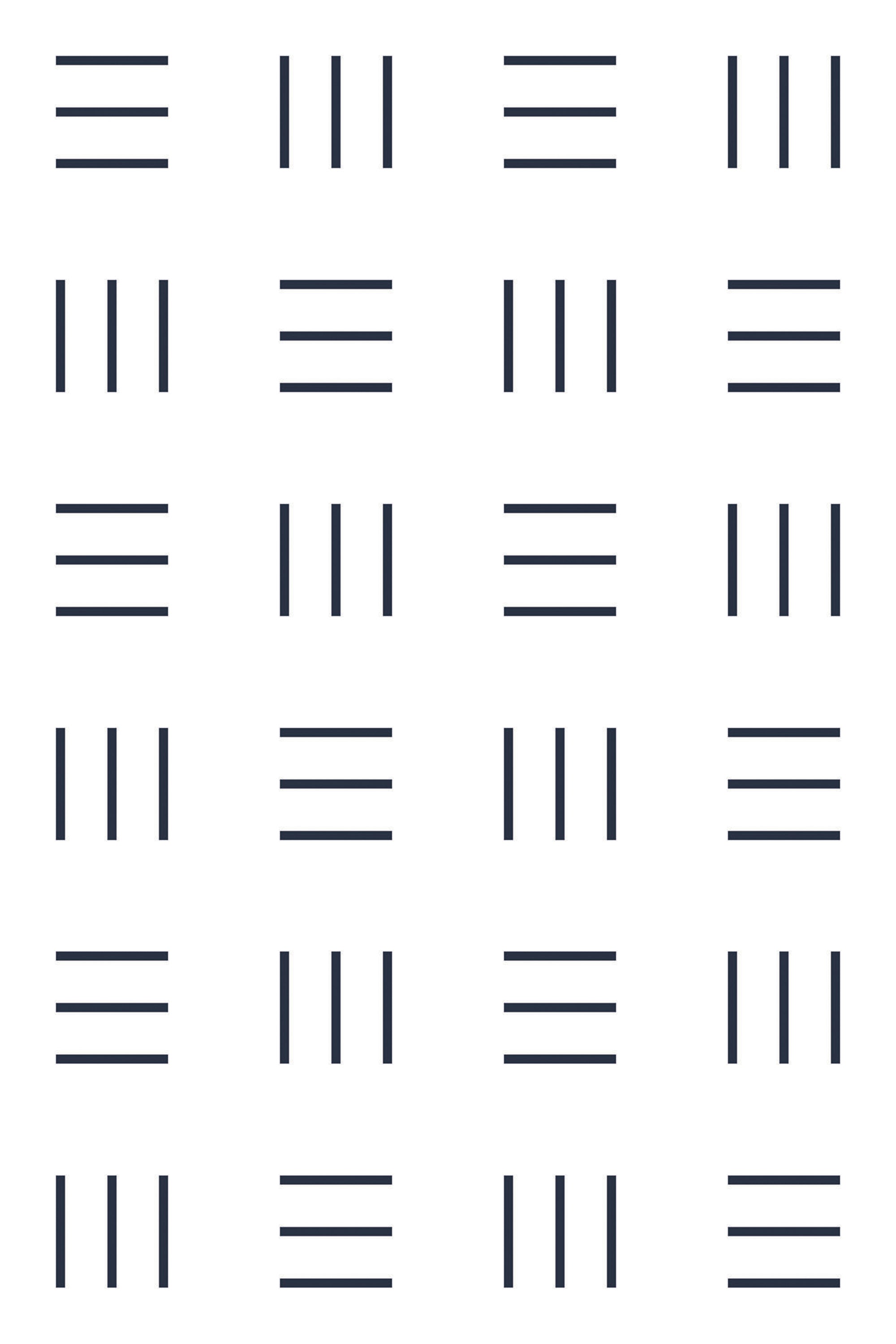 An image of a wallpaper pattern with a minimalist geometric design repeating in a grid. The pattern consists of combinations of horizontal and vertical black lines on a white background. Peel and stick removable wallpaper.