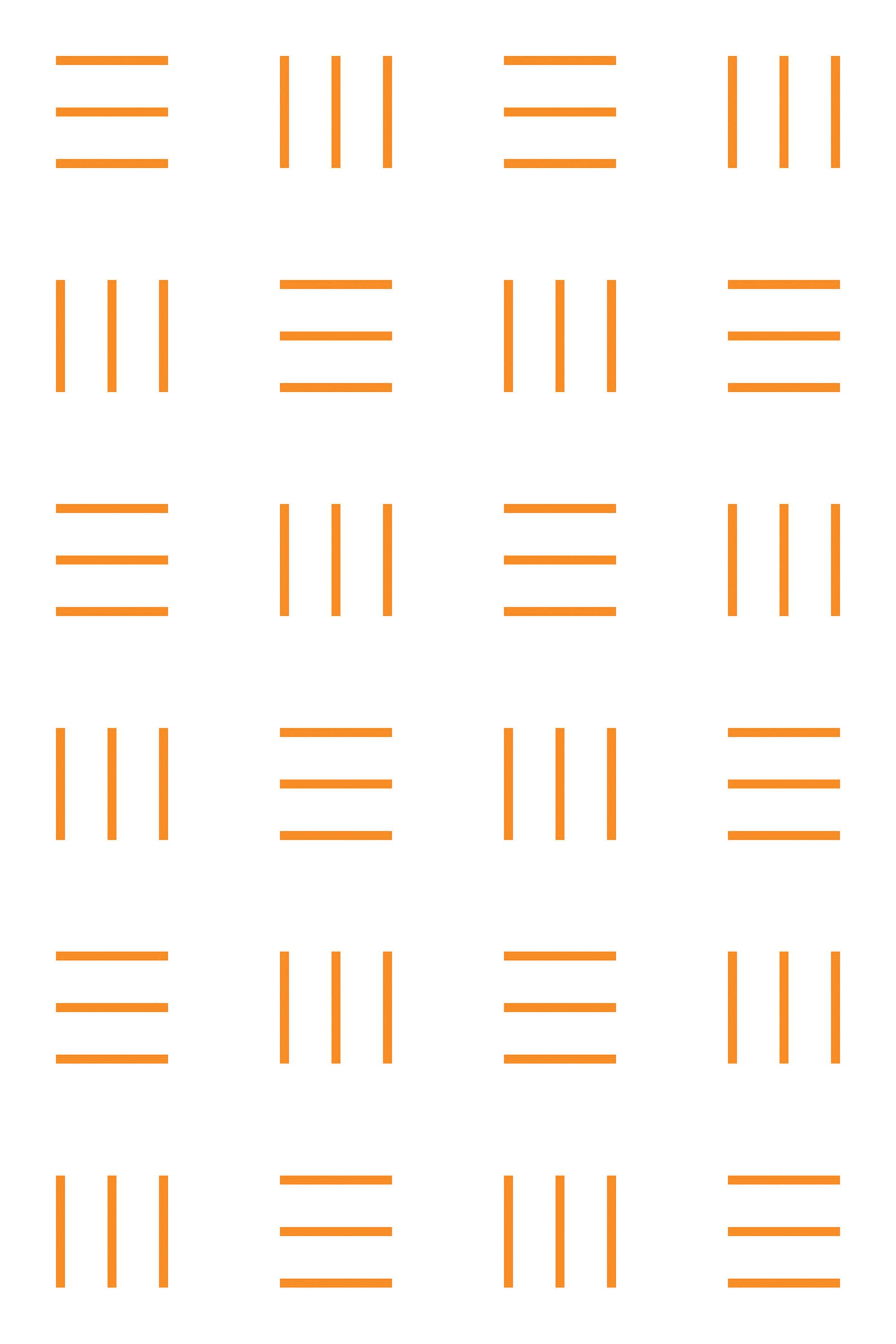 Orange vertical and horizontal lines in varying patterns arranged in a grid on a white background, creating a symmetrical geometric design. Peel and stick removable wallpaper.