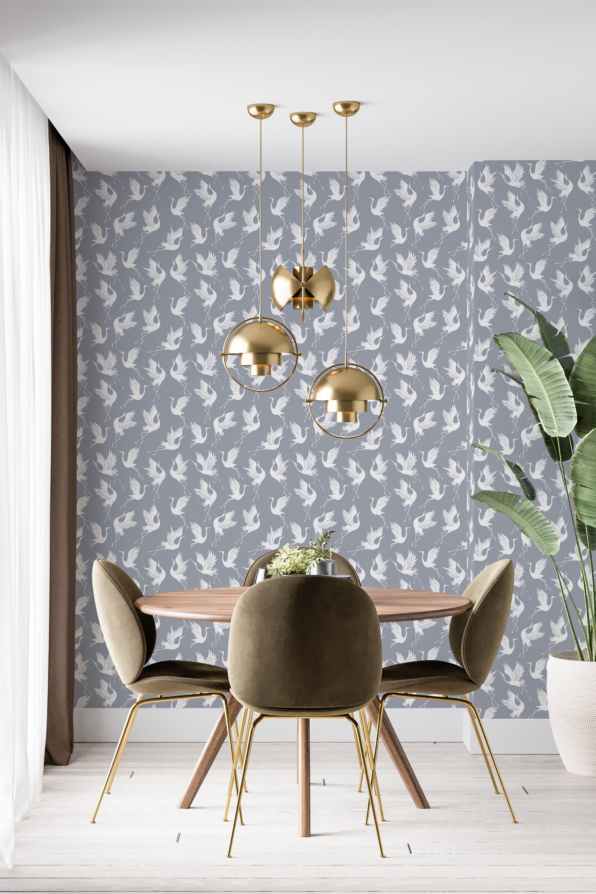A room interior with gray wallpaper adorned with white swan motifs in flight, creating an elegant and serene atmosphere. Traditional wallpaper.