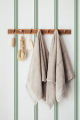 Self-adhesive wallpaper with vertical green and white stripes, adding a classic French touch to the room.