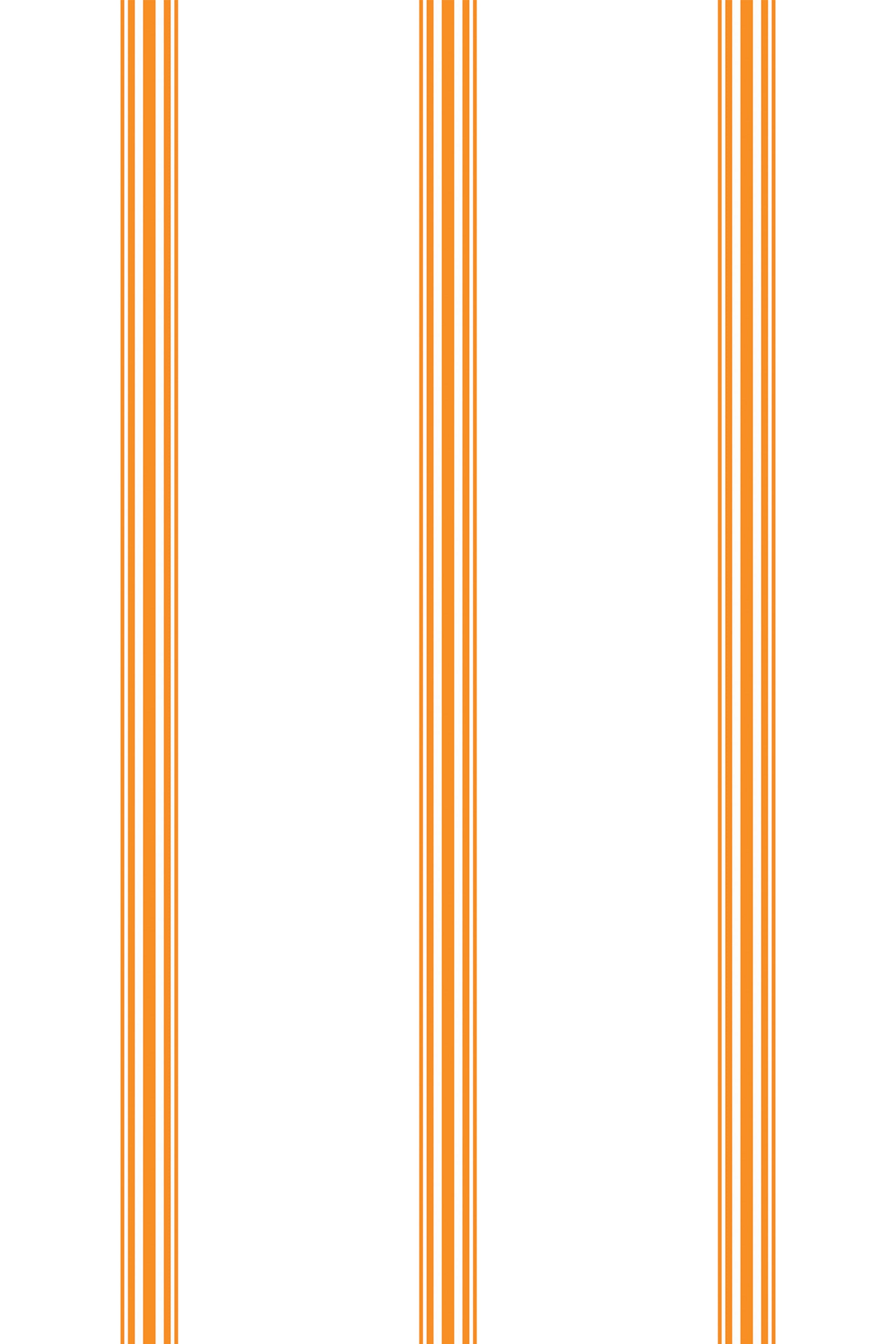 Orange striped wallpaper pattern with vertical orange lines of varying thickness evenly spaced on a white background, creating a modern and simple geometric design. Peel and stick removable wallpaper.