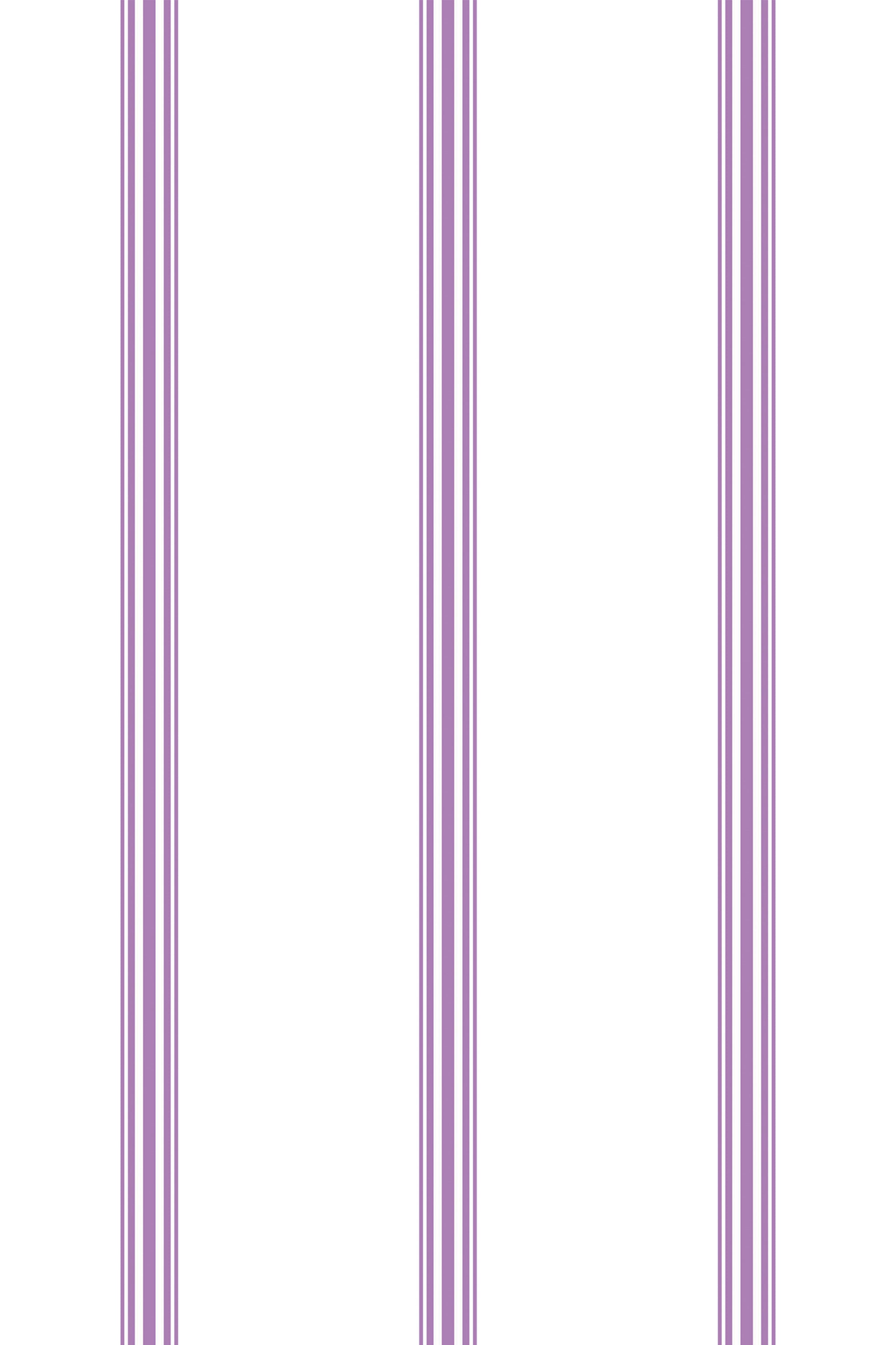Vertical purple stripes evenly spaced on a white background with thicker sets of stripes alternating with thinner single stripes. Peel and stick removable wallpaper.
