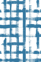 Blue and white grid pattern with brushstroke effects on a peel and stick removable wallpaper.