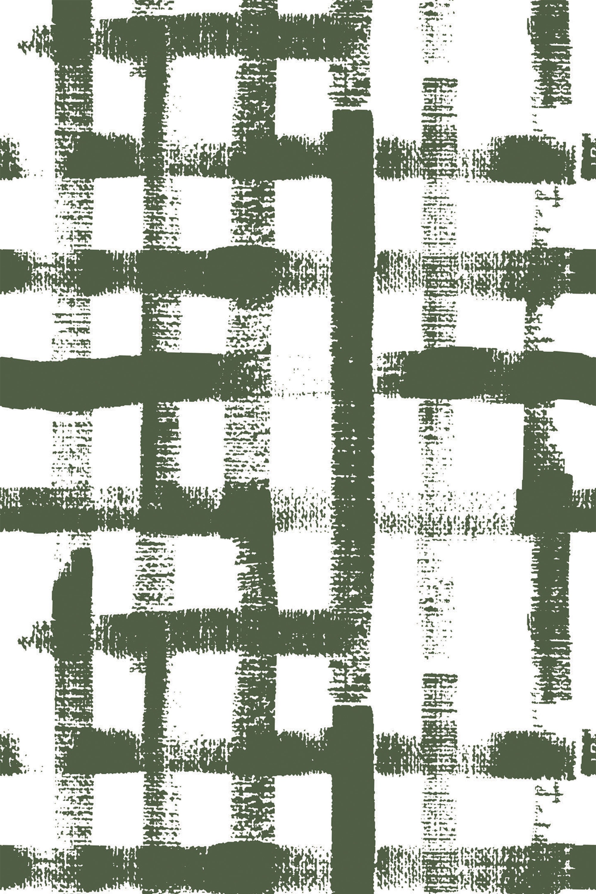 This wallpaper design has an abstract grid pattern made with green brush strokes on a white background, creating a dynamic and textured look. Peel and stick removable wallpaper.