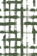 This wallpaper design has an abstract grid pattern made with green brush strokes on a white background, creating a dynamic and textured look. Peel and stick removable wallpaper.