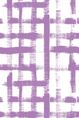 Purple abstract brush strokes crisscross over a white background forming a grid-like pattern with varied stroke thickness and texture. Peel and stick removable wallpaper.