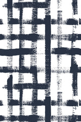 Abstract navy blue brush strokes form a grid-like pattern on a white background, creating a modern, artistic look with uneven lines and textured details. Peel and stick removable wallpaper.