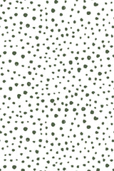 Green speckled dots of varying sizes scatter randomly across a white background, creating a playful and modern pattern. Peel and stick removable wallpaper.
