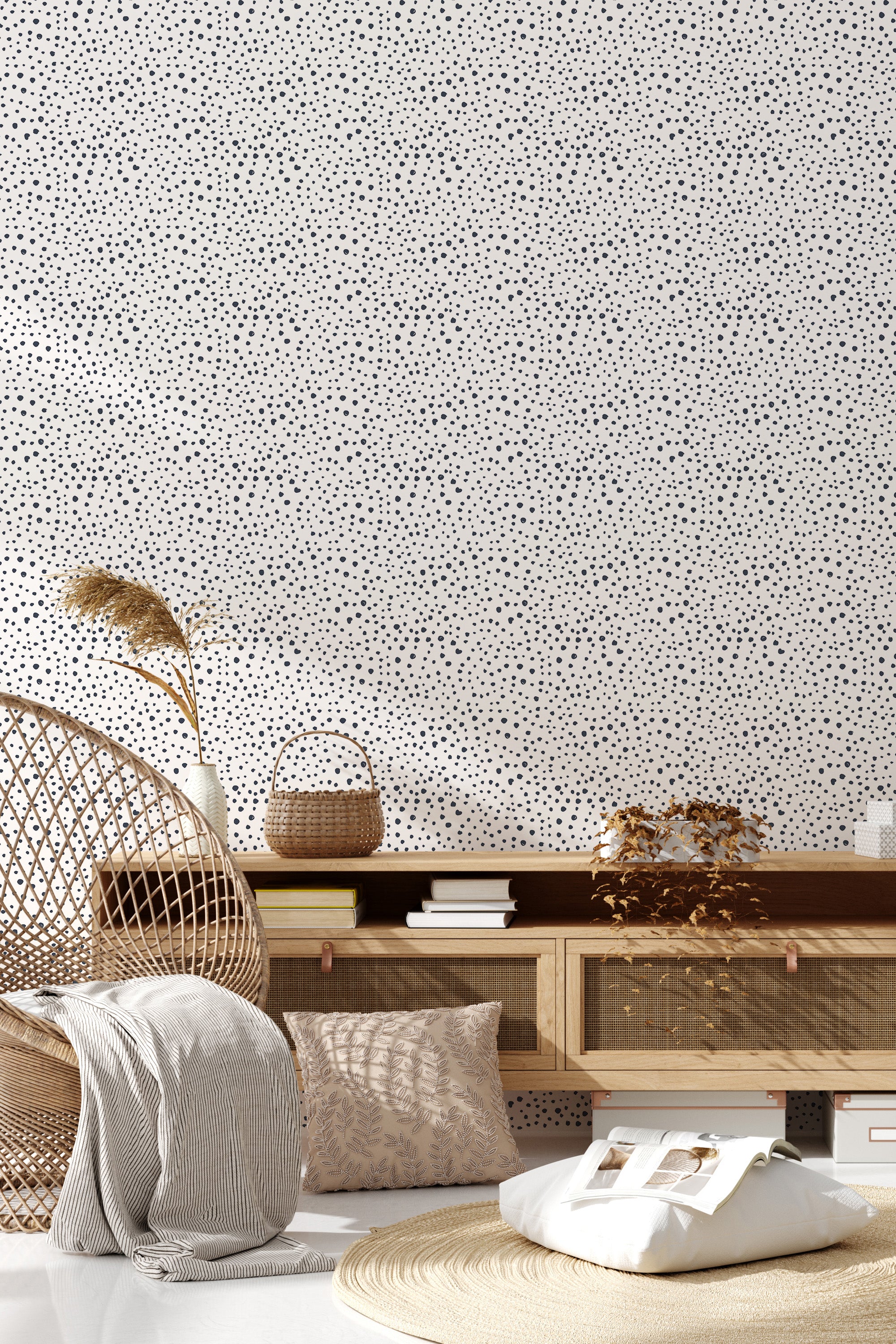 Dalmatian-print wallpaper with irregular black spots scattered across a white background, creating a playful yet chic pattern. Traditional wallpaper.