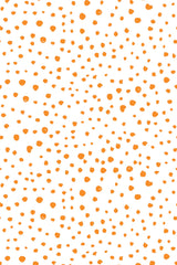 Orange hand-drawn dots scattered randomly on a white background, creating a playful and dynamic pattern with a lively and informal aesthetic, peel and stick removable wallpaper.