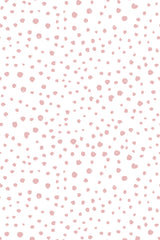 Pink dots of varying sizes scattered randomly across a white background, creating a soft and playful pattern. Peel and stick removable wallpaper.
