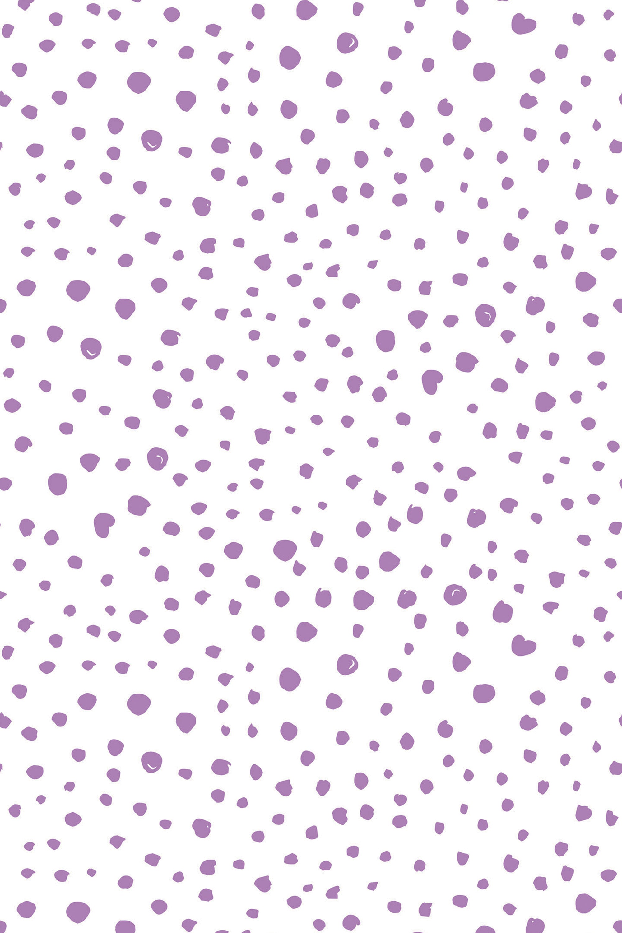 Purple irregular dots scattered on a white background create a playful, whimsical, and modern design. Peel and stick removable wallpaper.
