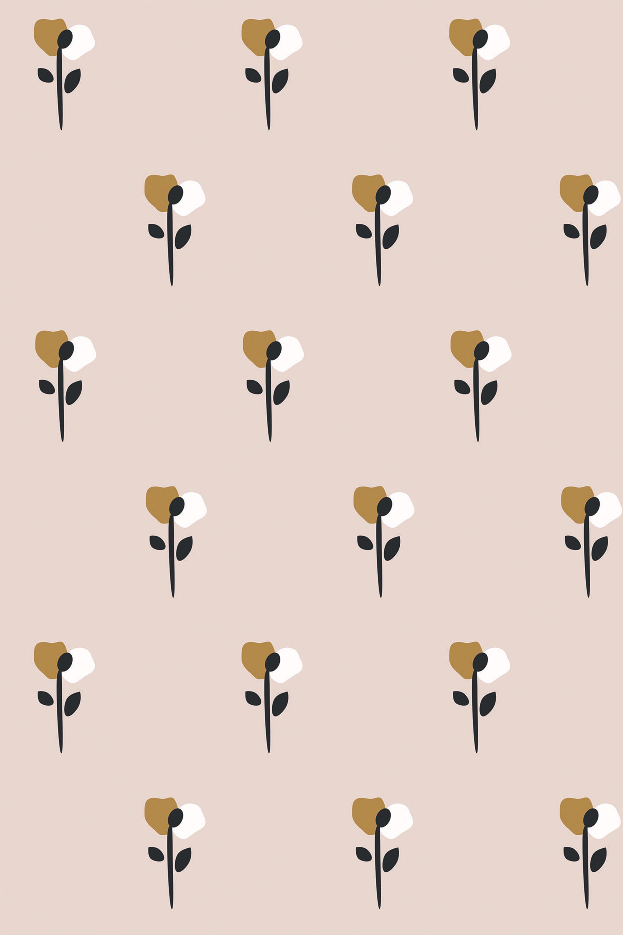 A repeating pattern of simple, abstract flowers with brown and white petals, black stems, and small leaves against a soft beige background. Peel and stick removable wallpaper.
