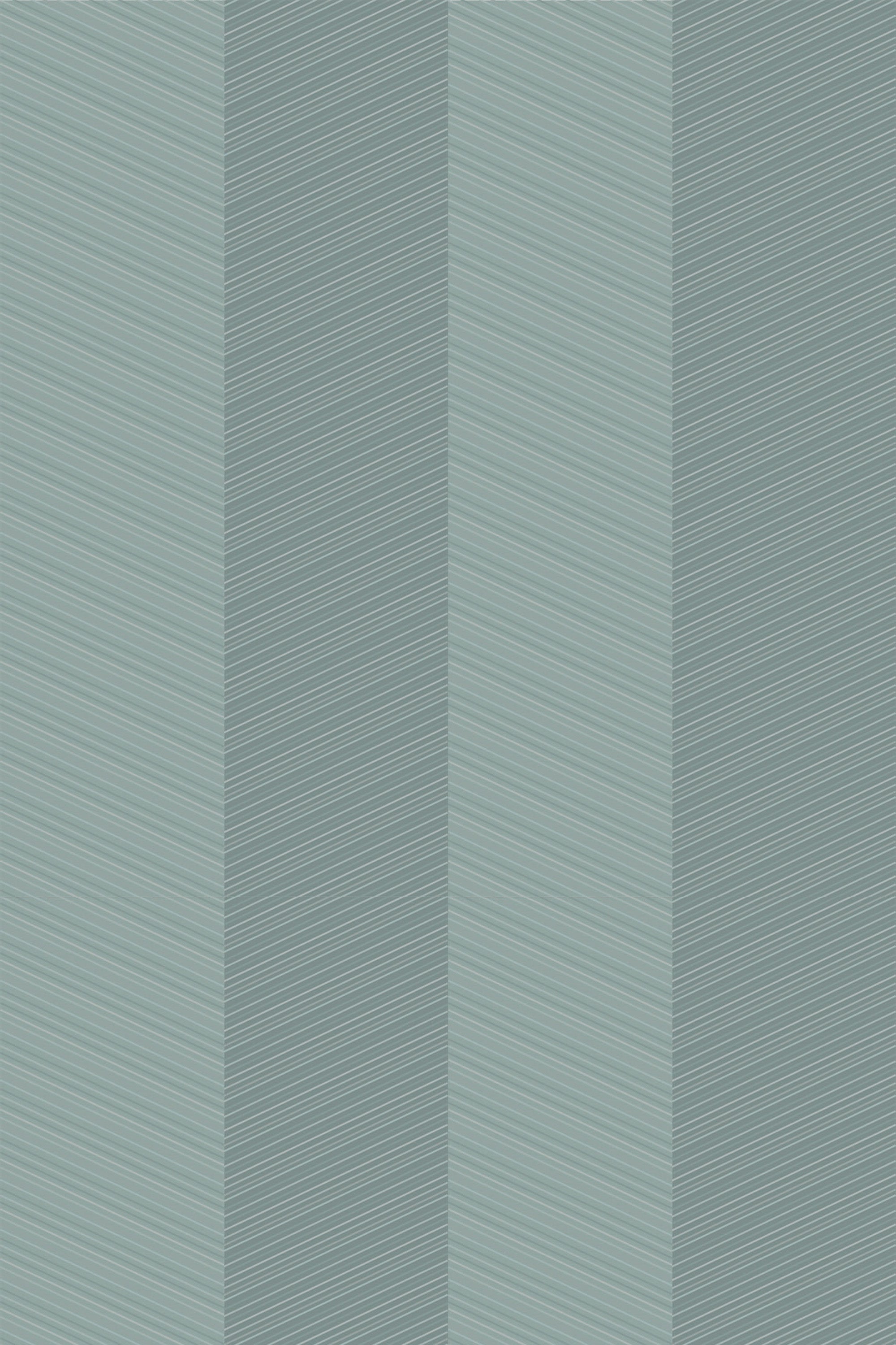 Alternating teal and light blue stripes with diagonal white lines create a Chevron pattern on a peel and stick removable wallpaper.