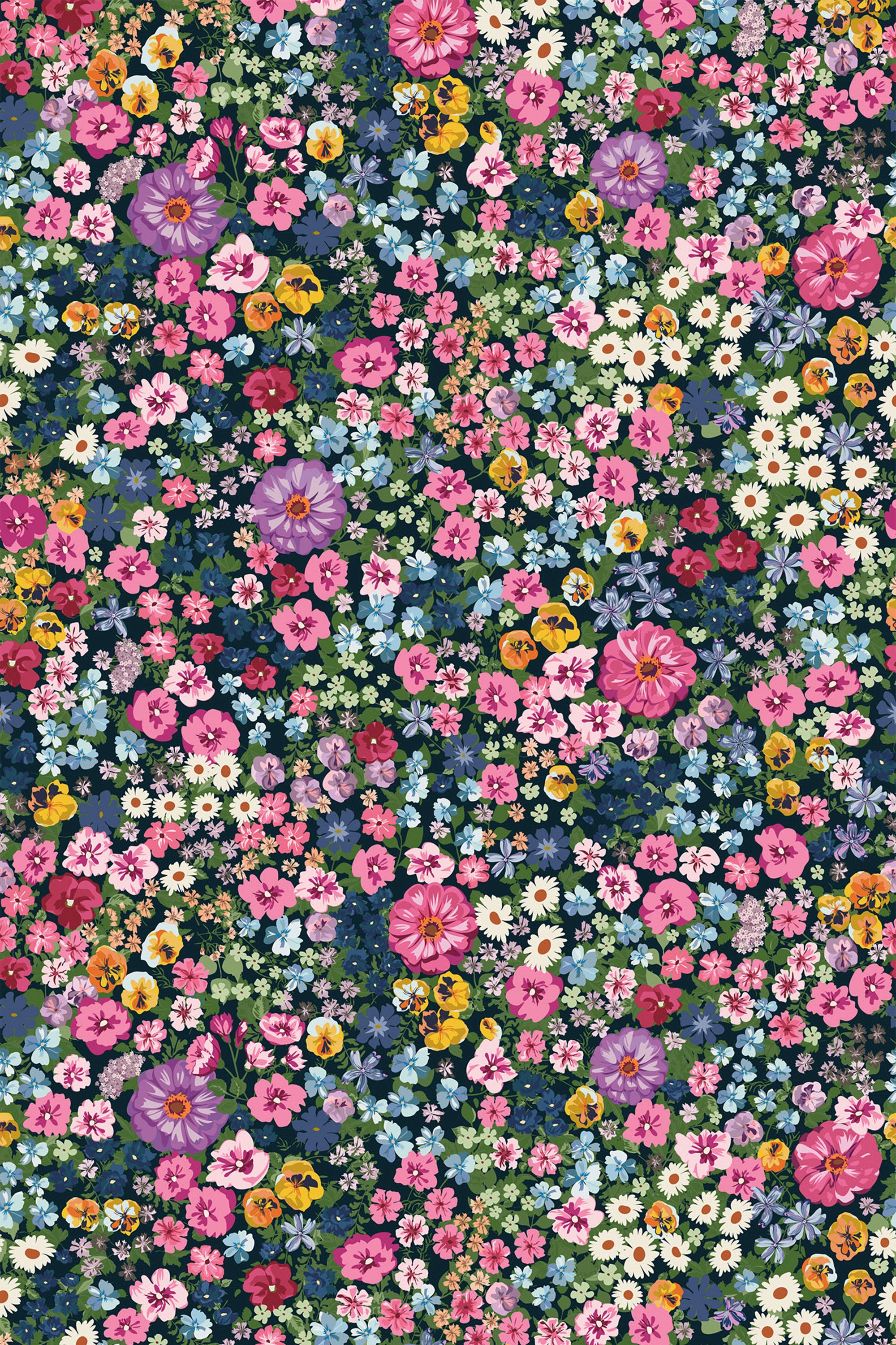 Colorful floral wallpaper with a vibrant mix of flowers in shades of pink, purple, yellow, and white, set against a dark background. Peel and stick removable wallpaper.