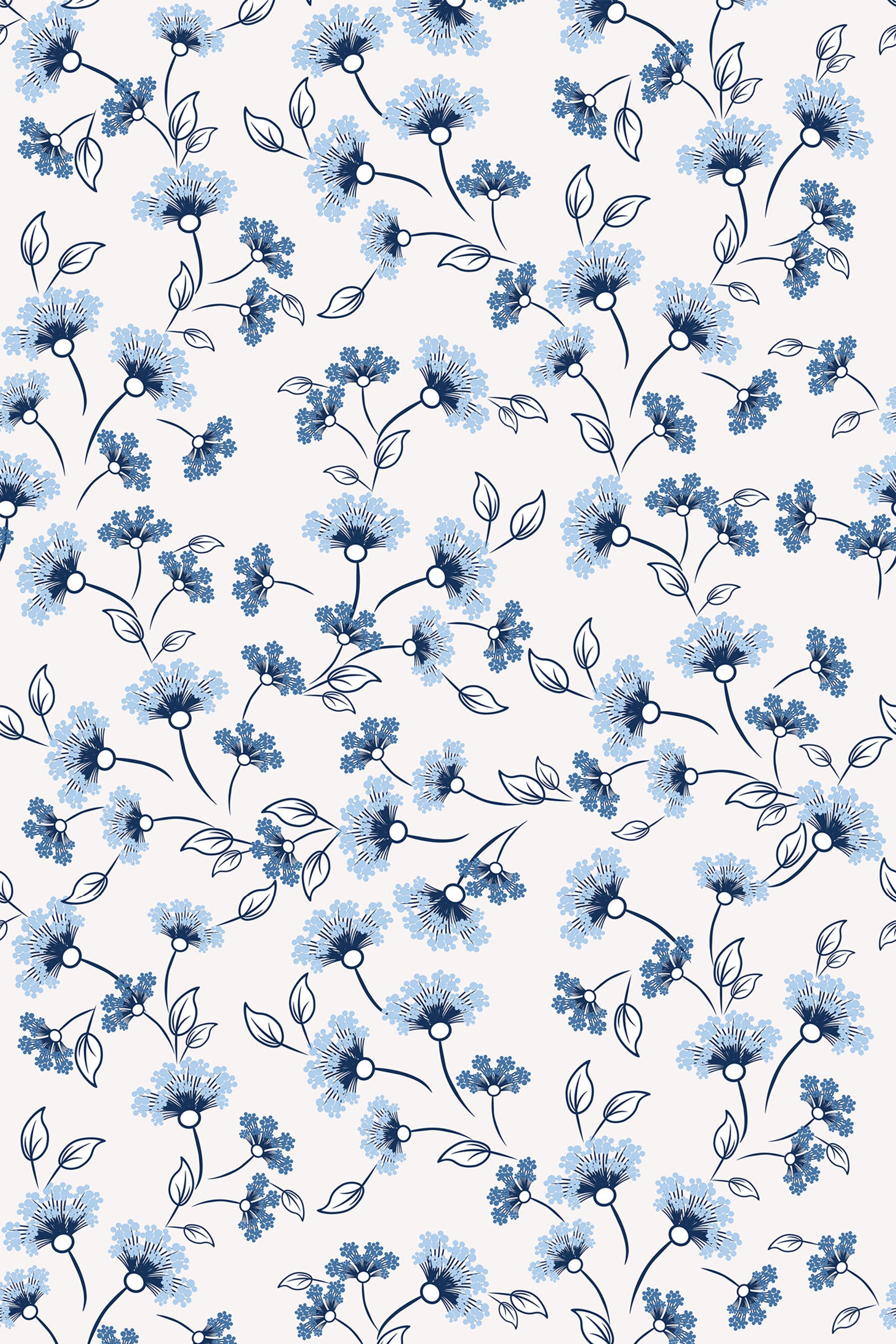 A repeating wallpaper pattern featuring delicate blue and light blue floral designs with intricate petal and leaf details on a light background. Peel and stick removable wallpaper.