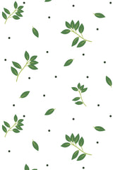 Green leaves and small black dots scattered on a white background, creating a minimalist, nature-inspired pattern. Peel and stick removable wallpaper.